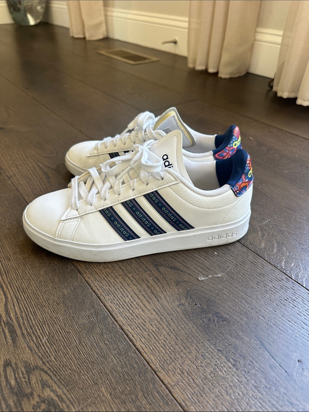 adidas White Sneakers with Navy Stripes and Multicolor Floral Heel